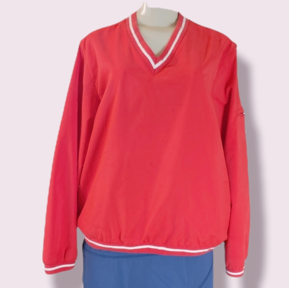Liz Claiborne Red V-Neck Pullover Windbreaker with White Trim